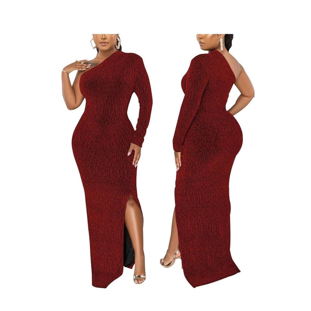 Red Elegant Long Sleeve Dress One Shoulder Red XL
